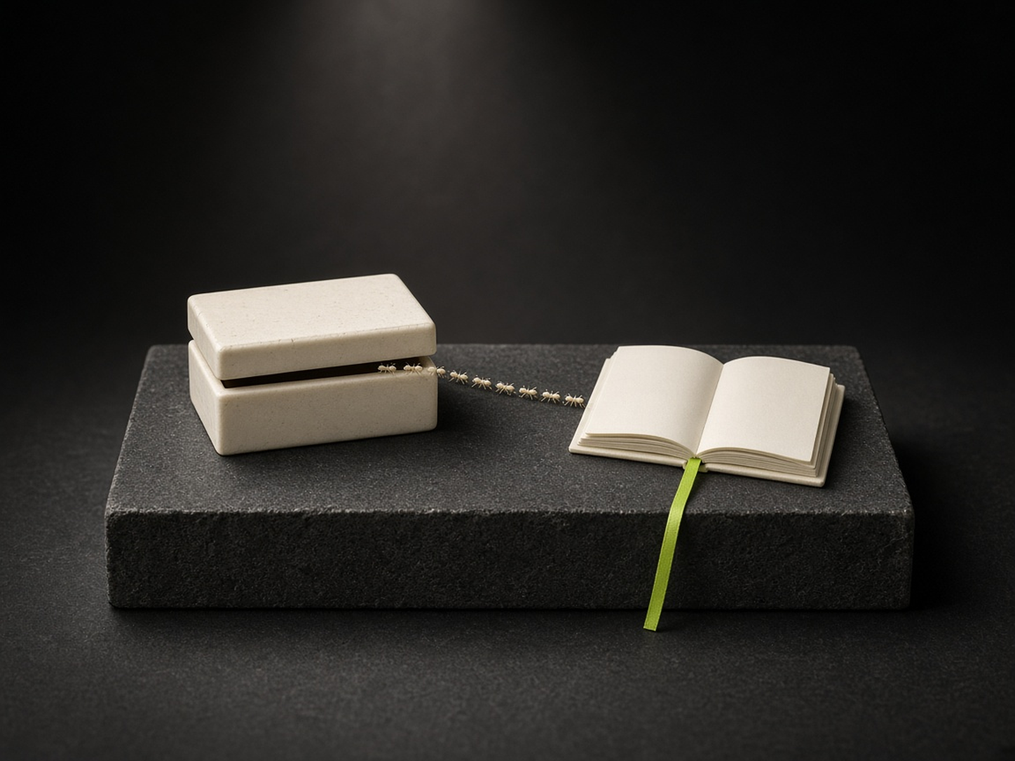 AI-generated illustration: on a dark stone plinth in a dark studio, a line of tiny ivory ants walks out of the gap under the lid of a small ivory box toward a small open ivory book with blank pages and a lime-green ribbon bookmark. A metaphor for a vendor breach that reached agent logs, not an image of the incident.
