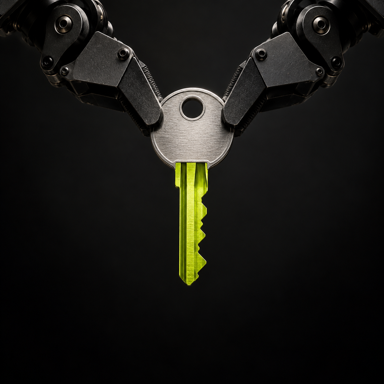 Conceptual illustration: robotic grippers holding a metal key