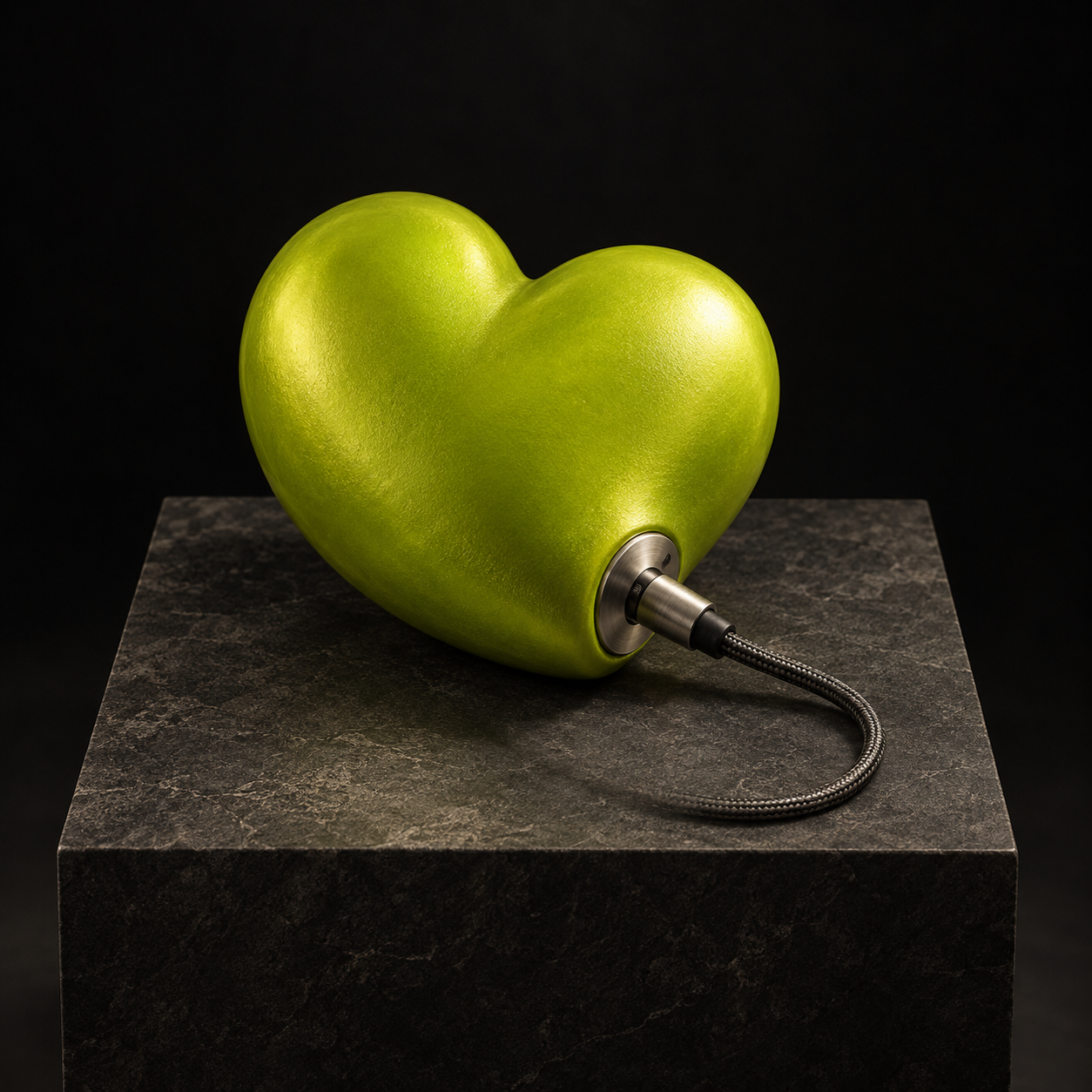 Conceptual illustration: a lime heart with a metal cable and plug