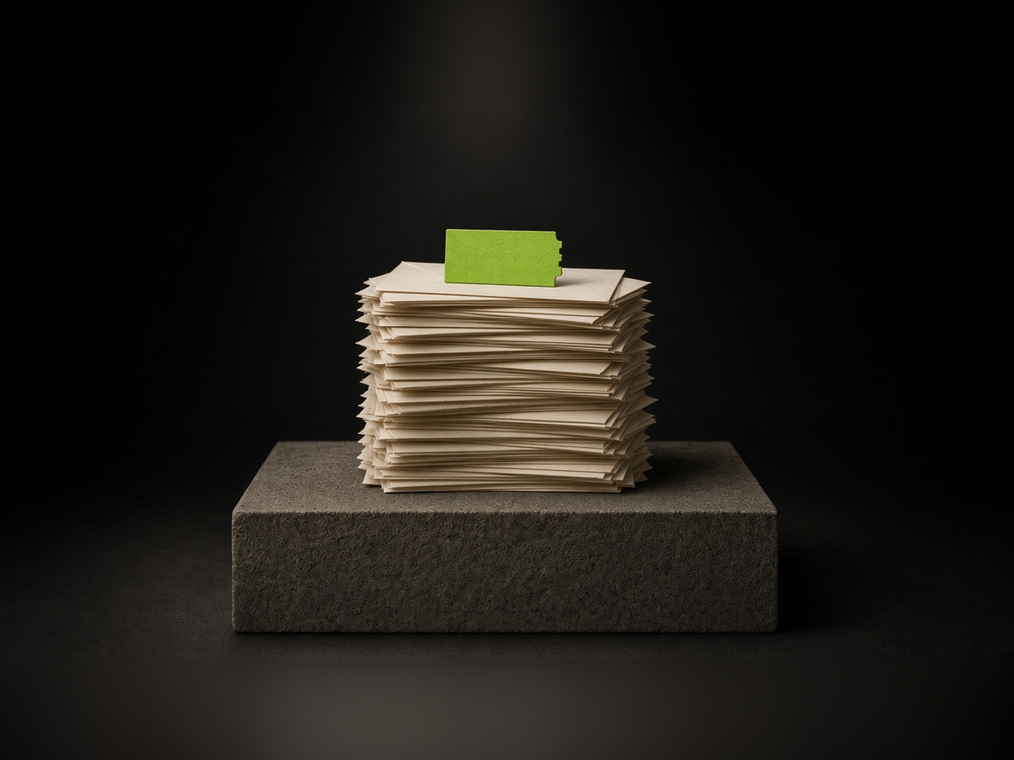 AI-generated illustration: a tall stack of plain ivory envelopes on a stone plinth in a dark studio, topped by a single lime-green train ticket stub. A metaphor for one simulated refund request that became 187 messages, not an image of the experiment.