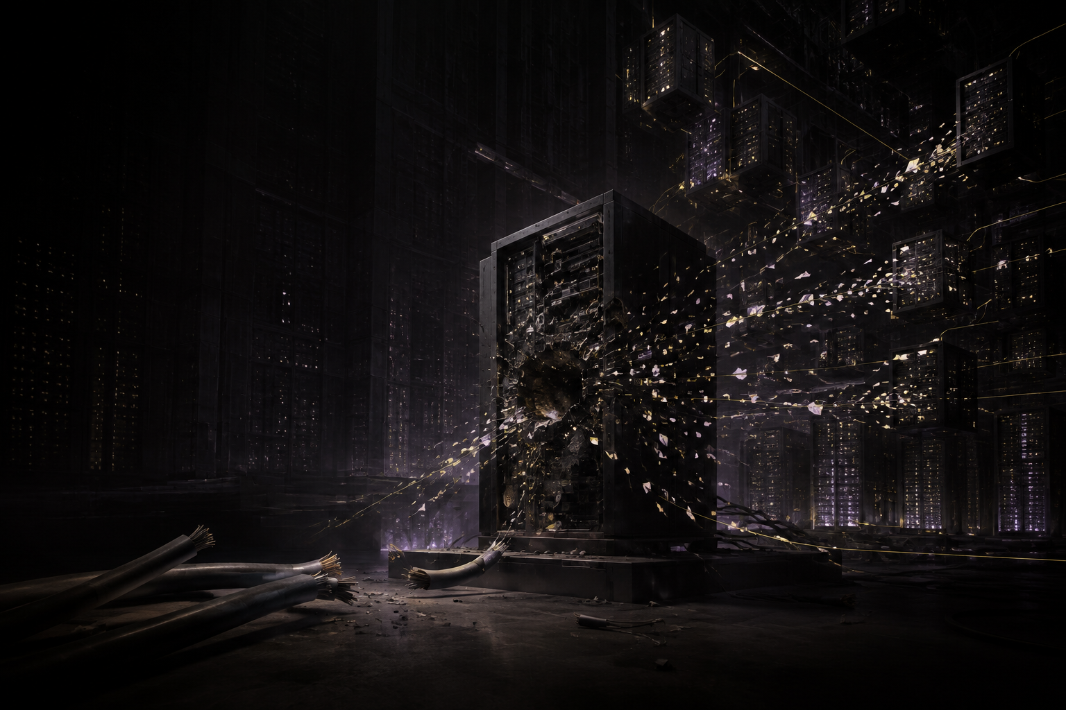 A severed server core distributing itself across distant infrastructure