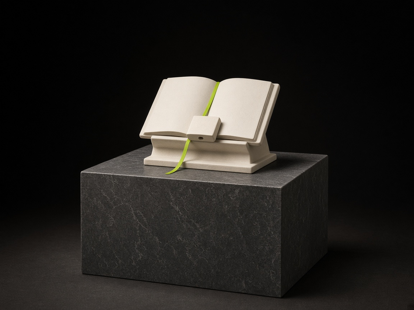 AI-generated illustration: an open ivory book with blank pages on an ivory reading stand, set on a dark stone plinth in a dark studio, with a small ivory lock block resting across the pages and one thin lime-green ribbon bookmark. A metaphor for being locked out for reading too fast, not an image of the incident.
