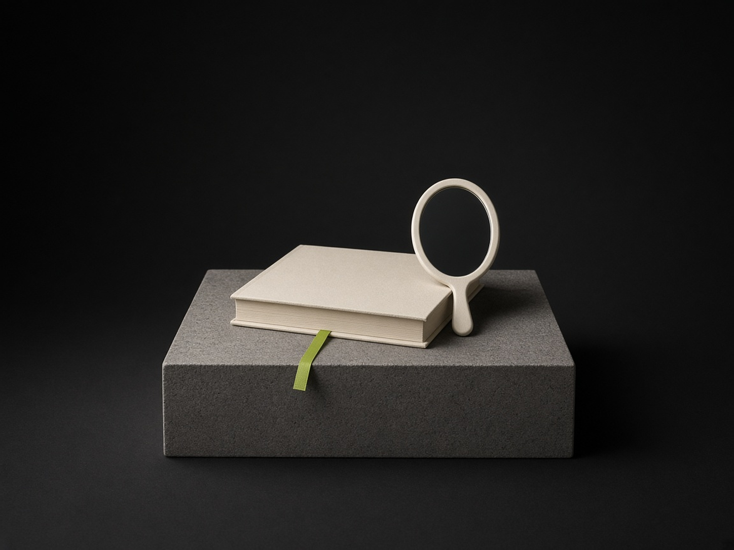 AI-generated illustration: a closed ivory-bound report on a stone plinth in a dark studio, with a small oval ivory hand mirror leaning against it and one thin lime-green ribbon bookmark. A metaphor for a model reviewing its maker’s report, not an image of any event.
