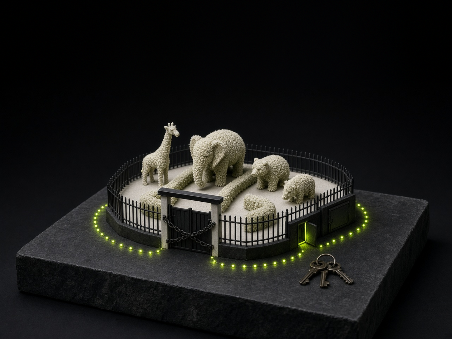 AI-generated conceptual illustration: an ivory scale-model zoo on a dark stone plinth, with textured topiary giraffe, elephant and bears behind black iron railings. The flat-topped main gate is chained shut, a dotted loop of acid-lime lights runs around the fence, a ring of loose keys lies on the plinth, and one small side hatch glows, barely ajar. Metaphor for agents trying workarounds to answer a public map question; not Amap, Tencent systems, a real zoo, incident footage or instructions.