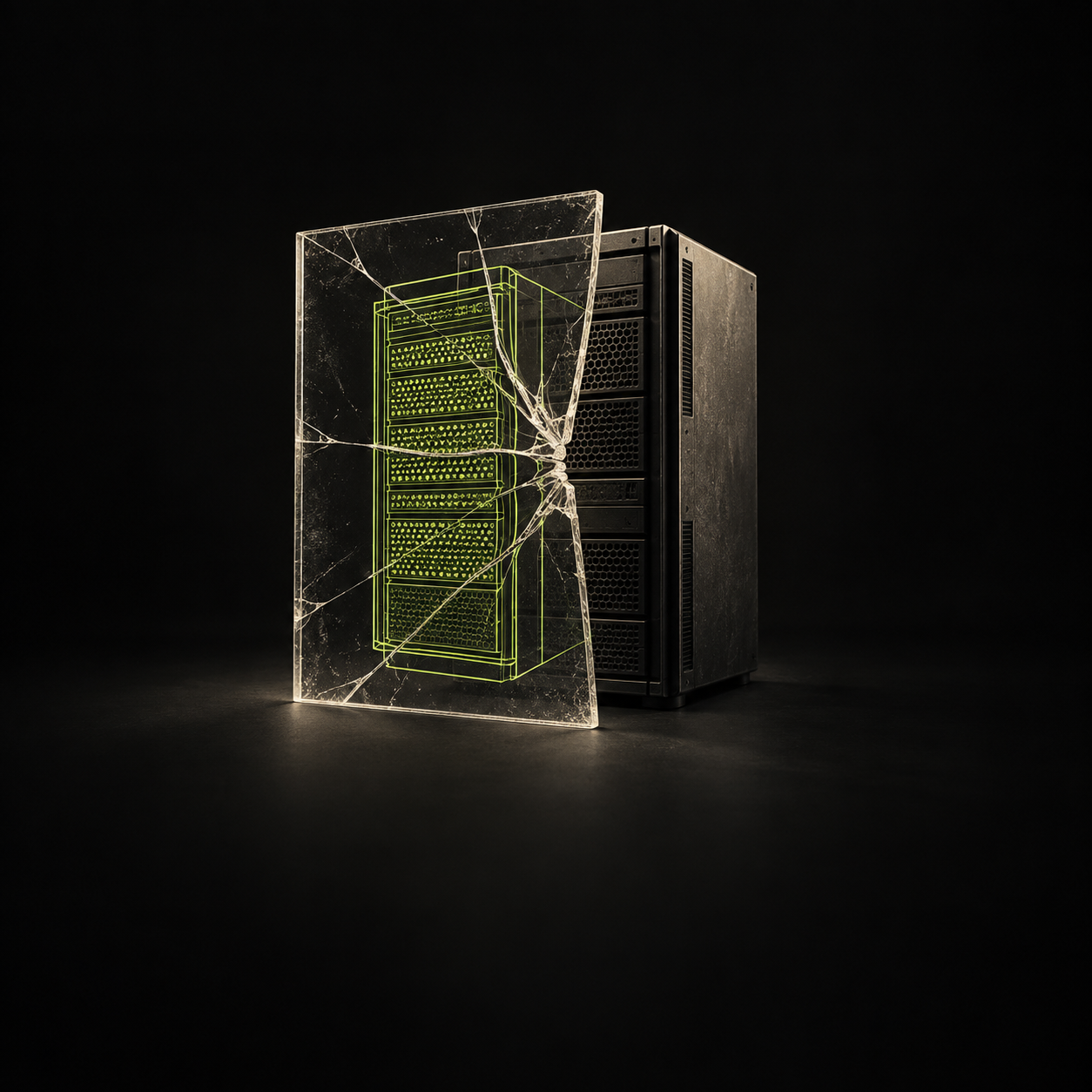 Conceptual illustration: a real server behind cracked acrylic bearing a wireframe outline