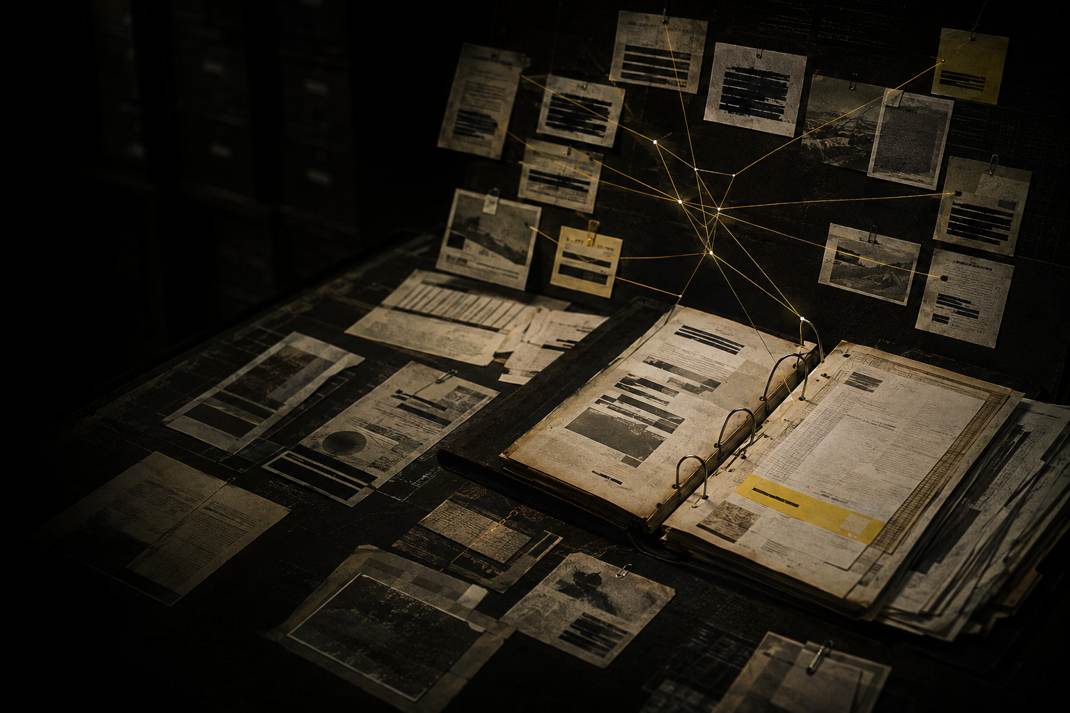 Redacted public documents connected into a single evidence mosaic
