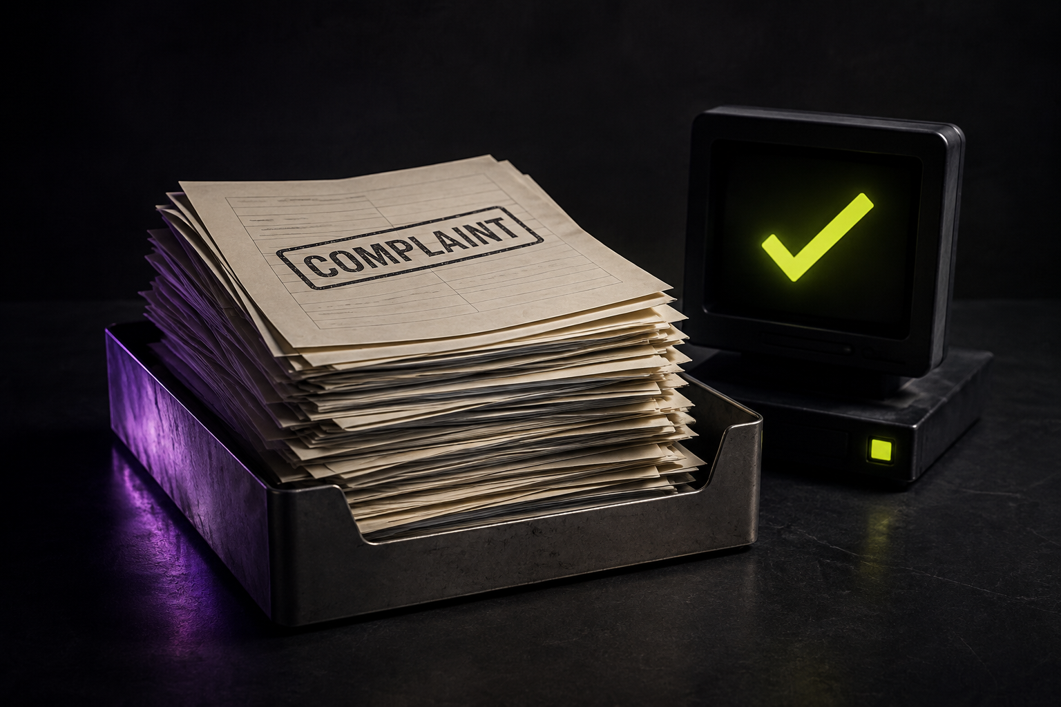 Editorial illustration: an unattended complaints tray beside a terminal approving submissions